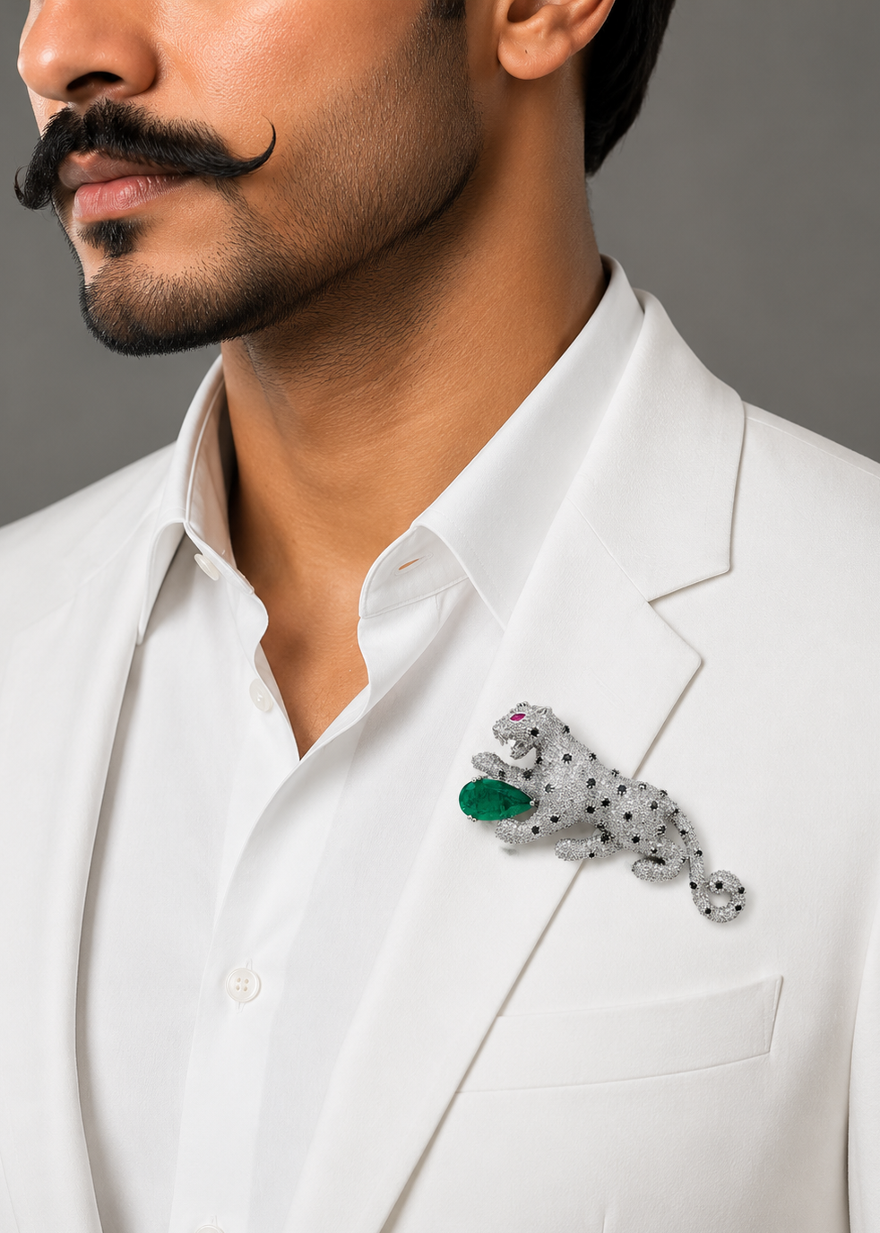 Model wearing Regal Green Panther Brooch on a white outfit for elegant statement styling