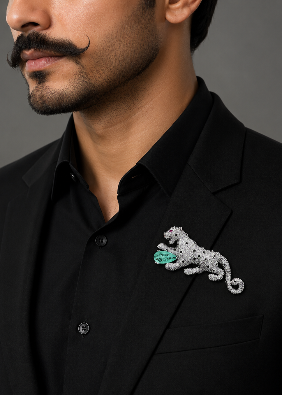 Model wearing Regal Mint Green Panther Brooch on a black outfit showcasing the luxury panther design