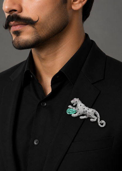 Model wearing Regal Mint Green Panther Brooch on a black outfit showcasing the luxury panther design