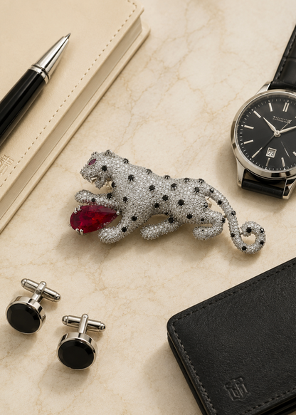 Regal Red Panther Brooch featuring crystal detailing, black stone accents, and a red gemstone centerpiece on a black slate display