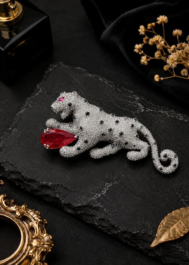 Regal Red Panther Brooch featuring crystal detailing, black stone accents, and a red gemstone centerpiece on a black slate display