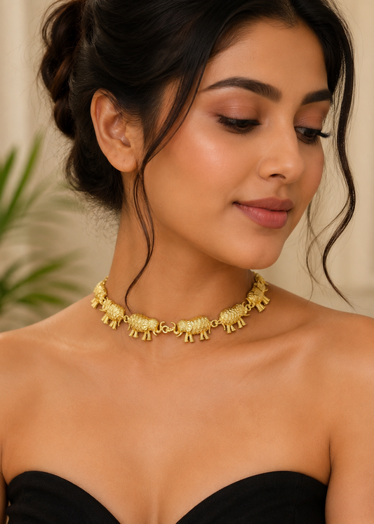 Close-up of model wearing Royal Elephant Necklace Set featuring detailed gold elephant motifs.