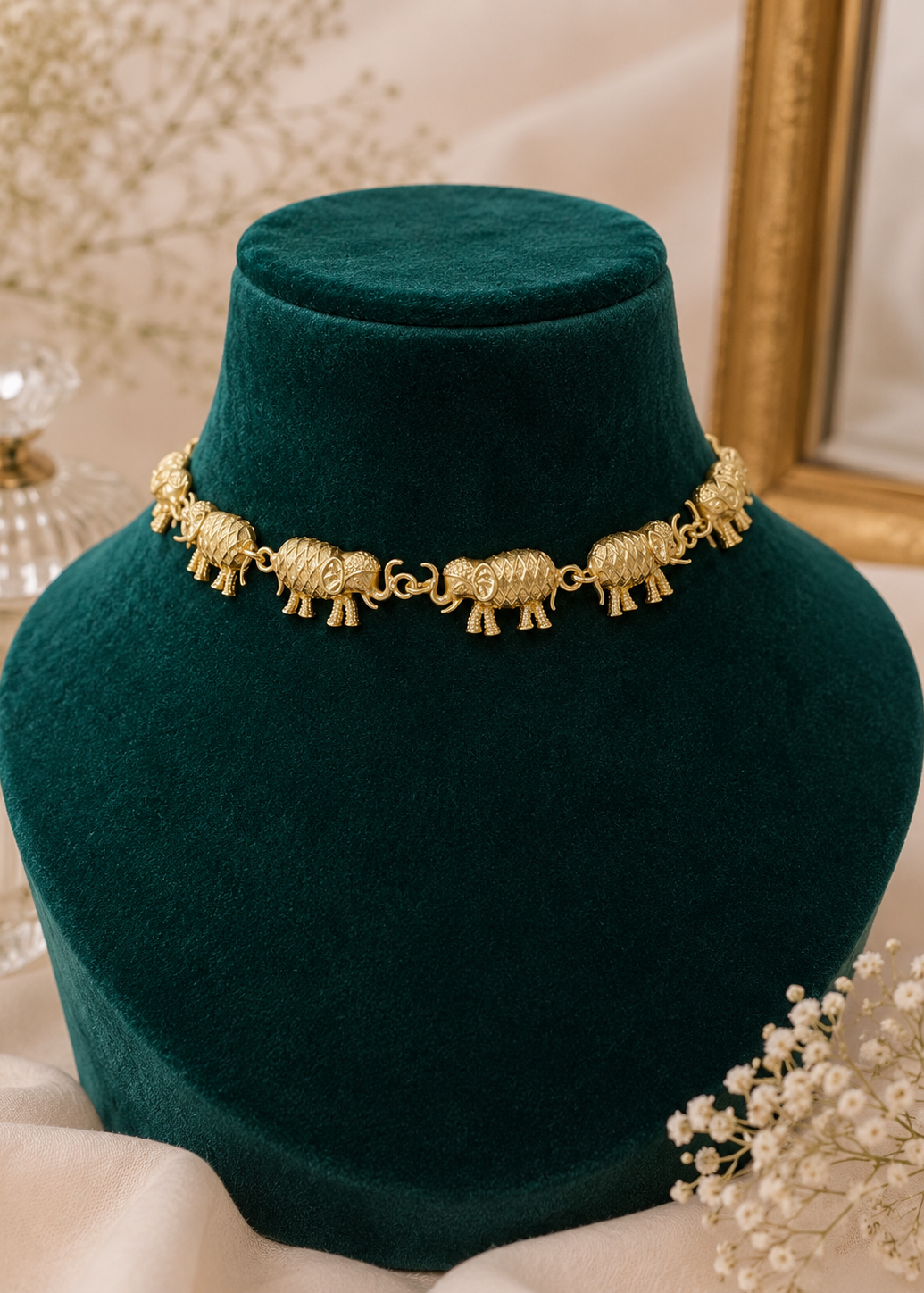 Royal Elephant Necklace Set featuring intricately crafted gold elephant motif necklace on green jewelry display.