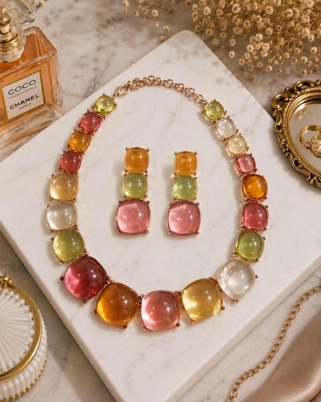 Sorbet Multicolor Crystal Necklace Set with matching earrings in rose gold finish displayed on marble surface