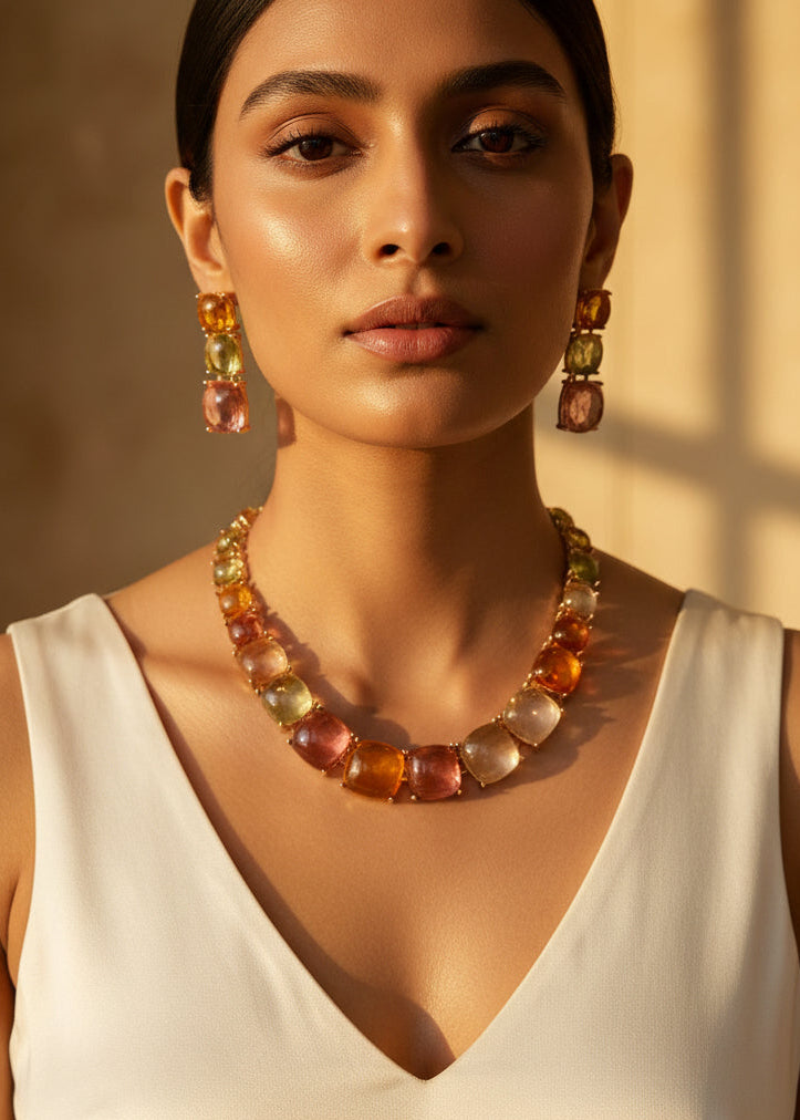 Woman wearing Sorbet Multicolor Crystal Necklace Set featuring colorful pastel crystal stones