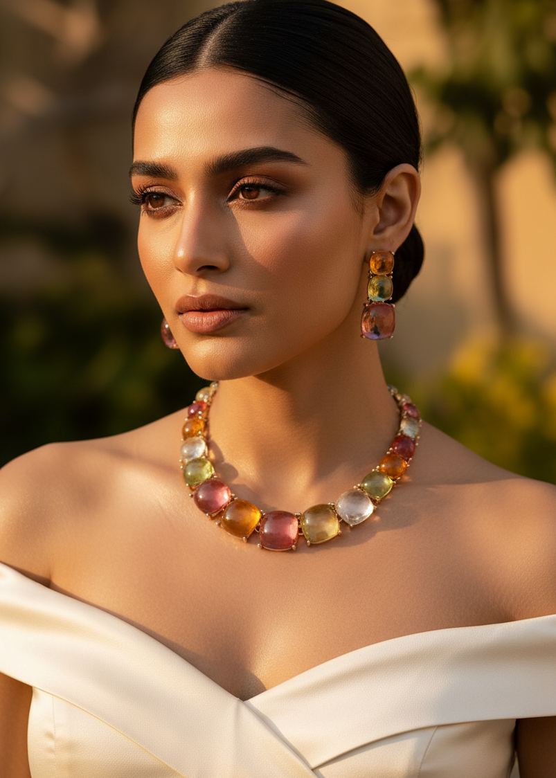 Model wearing Sorbet Multicolor Crystal Necklace Set with matching pastel crystal earrings