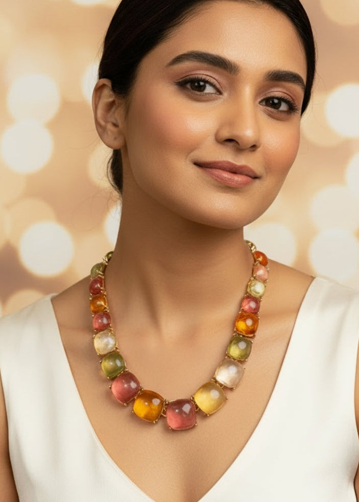 Model showcasing Sorbet Multicolor Crystal Necklace Set with elegant pastel crystal stones
