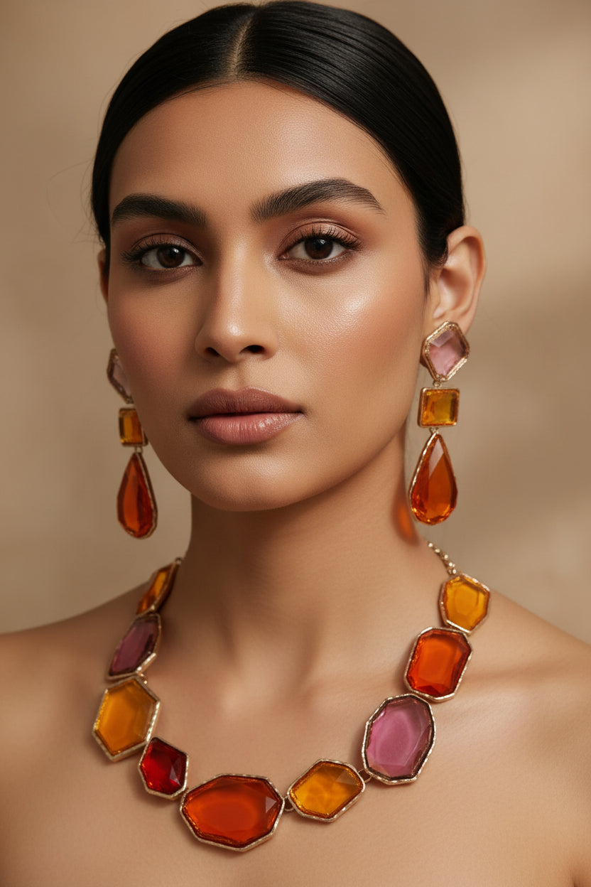 Close-up of Sunset Multicolor Statement Necklace Set with matching statement earrings