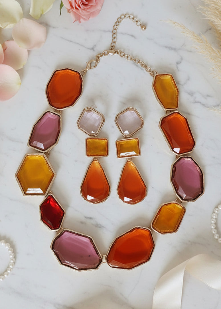 Sunset Multicolor Statement Necklace Set with matching earrings featuring vibrant geometric stones