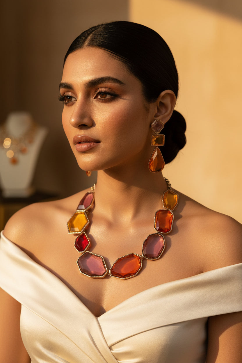Woman wearing Sunset Multicolor Statement Necklace Set with colorful faceted stones